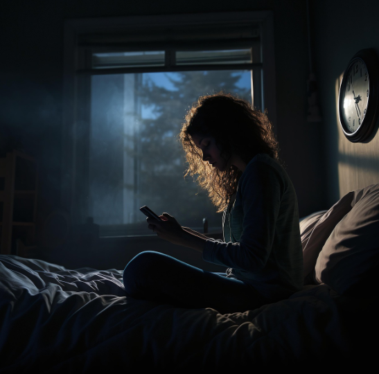 어두운 밤, 침대에 앉아 스마트폰을 보며 잠 못 이루는 사람 이미지