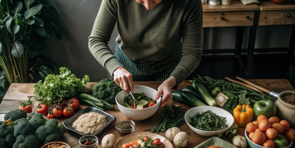음식을 만들기 위해 채소를 손질하는 이미지