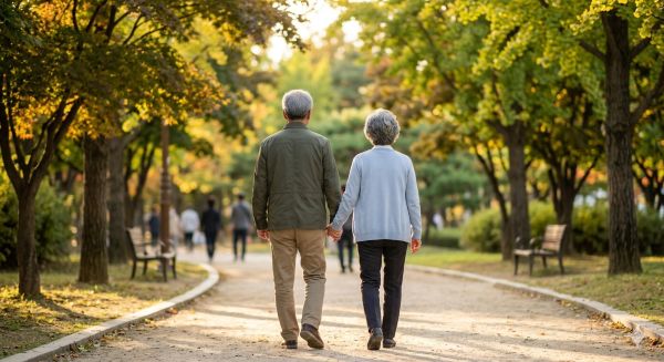 골다공증 예방을 위해 햇빛을 받으며 공원을 산책하는 다정한 노부부 뒷모습