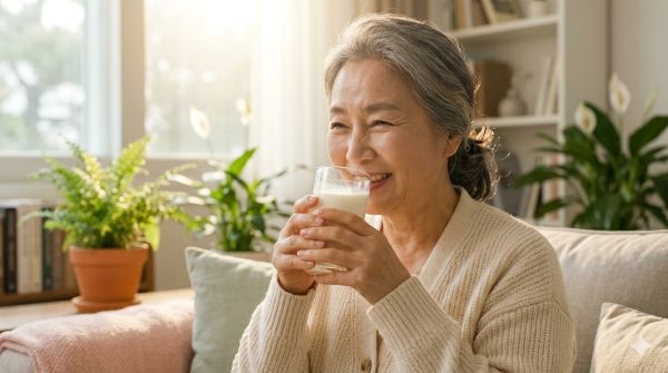 골다공증 예방 음식으로 칼슘이 풍부한 우유를 마시는 노인