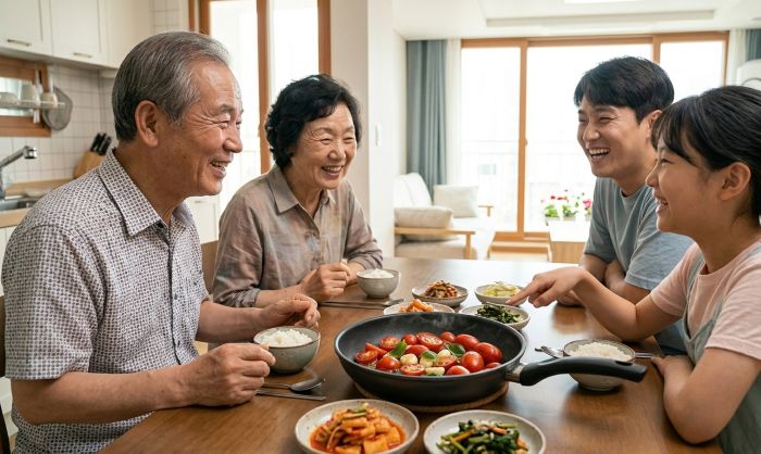 부모님 전립선 비대증 요실금에 좋은 건강 식단을 챙겨 먹으며 웃고 있는 부모님과 자녀