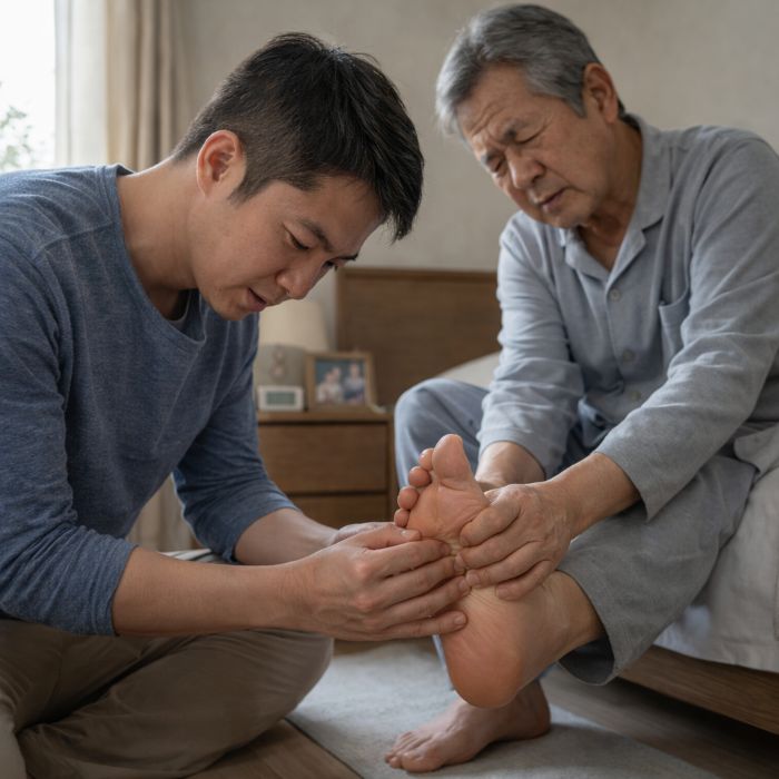 부모님 발바닥 통증 원인 3가지 완화를 위해 발을 마사지해 주는 자녀