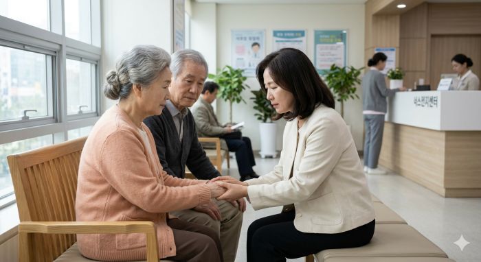 병원 대기실에서 대상포진 초기증상으로 아파하는 어머니의 손을 잡고 위로하며 순서를 기다리는 딸