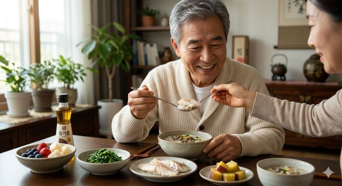 대상포진 초기증상 때문에 입맛을 잃은 부모님에게 좋은 생선, 부드러원 죽, 신선한 과일로 구성된 고단백 영양 식단
