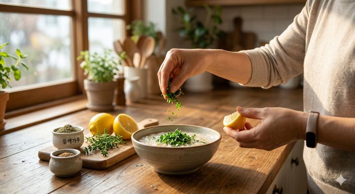 뇌졸중 재발 방지를 위해 소금 대신 신선한 허브와 레몬으로 저염식을 조리하는 자녀의 손길