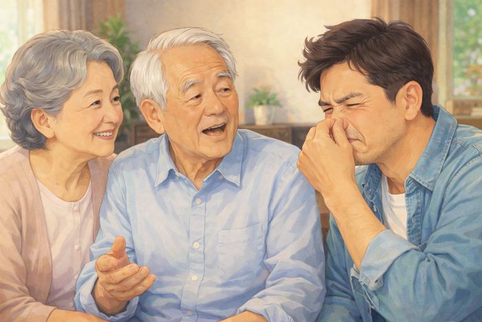 부모님 입냄새 원인 3가지 중 하나인 내부 질환 신호를 대화를 통해 감지하는 자녀의 모습