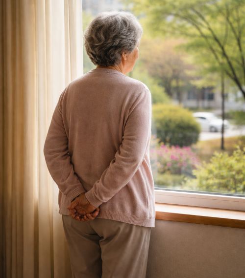 부모님 요실금 원인 3가지 때문에 외출을 걱정하며 창밖을 보시는 어르신