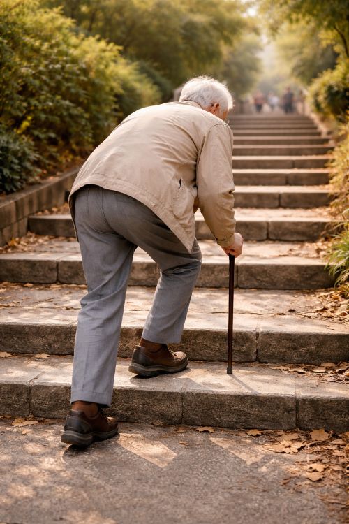 부모님 무릎 관절염 증상 3가지 중 하나인 계단 오르기 통증을 겪는 어르신
