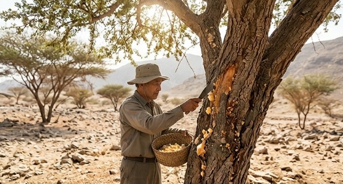 부모님 관절 염증에 좋은 보스웰리아 원석을 채취하는 동양인 노인