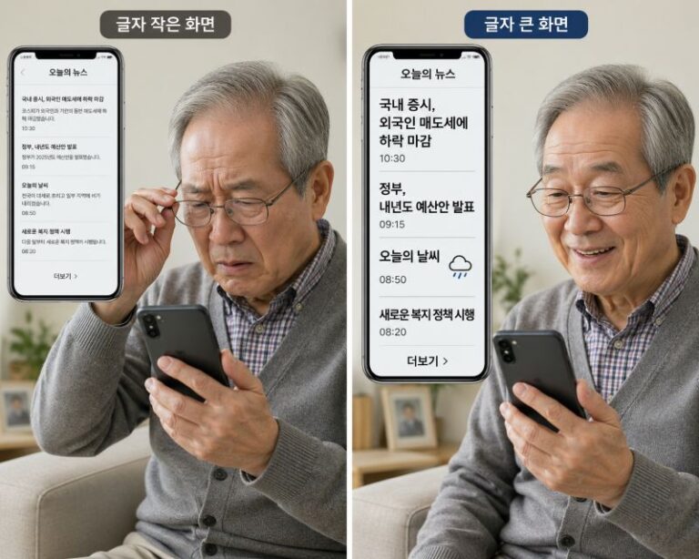 부모님 스마트폰 설정 전후 글자 크기 비교 화면