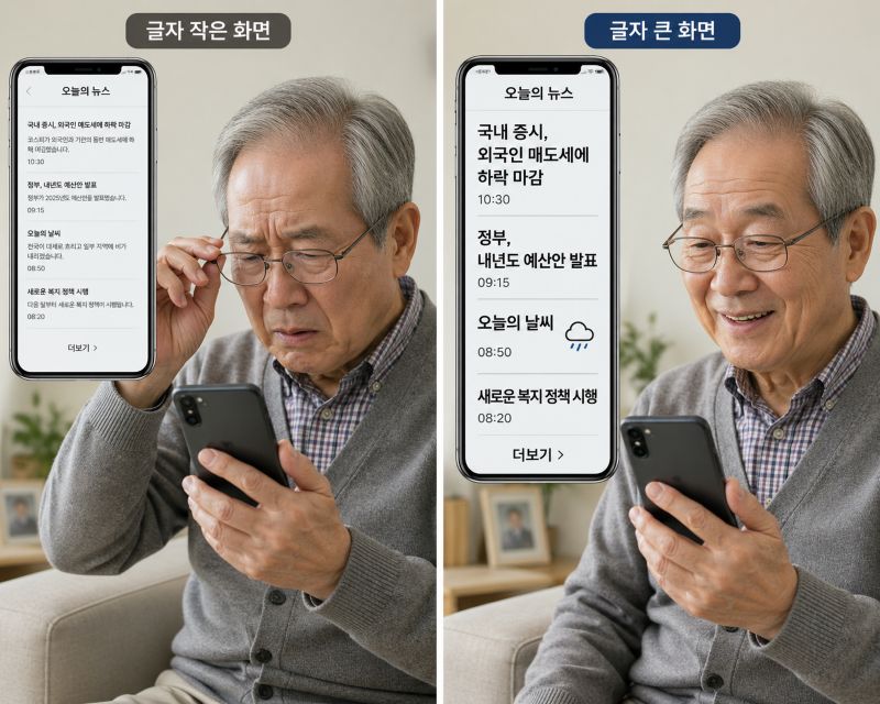 부모님 스마트폰 설정 전후 글자 크기 비교 화면