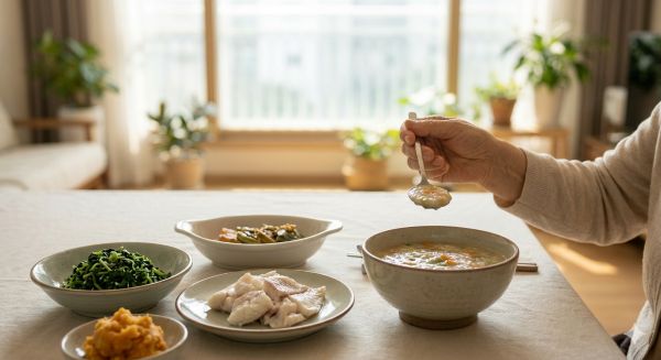 뇌졸중 회복에 좋은 음식인 부드럽게 조리한 생선과 채소 죽으로 차려진 한국식 식단