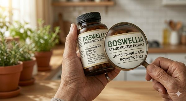 보스웰리아 효능을 결정하는 표준화된 함량을 돋보기로 확인하는 어르신